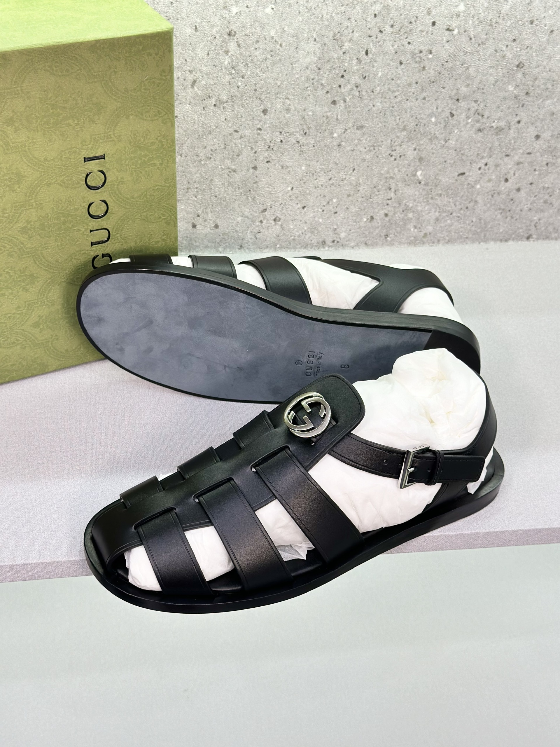 Dép rọ sandal Gucci GC Đen logo GG bạc Like Auth on web fullbox bill thẻ VTN